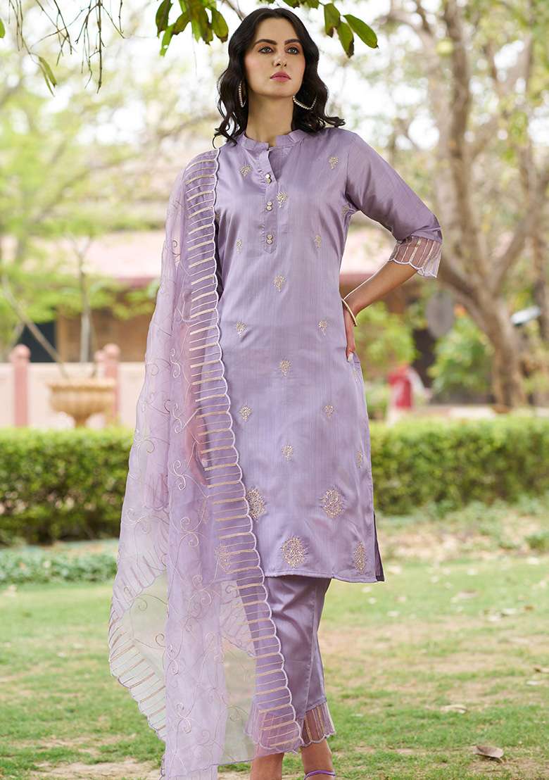 Lavender Embroidered Silk Blend Straight Kurta Set - Indya