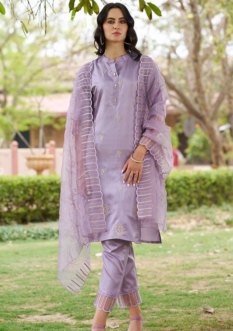 Lavender Embroidered Silk Blend Straight Kurta Set - Indya