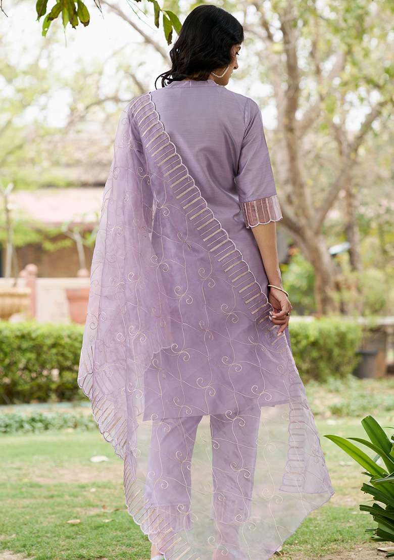 Lavender Embroidered Silk Blend Straight Kurta Set - Indya