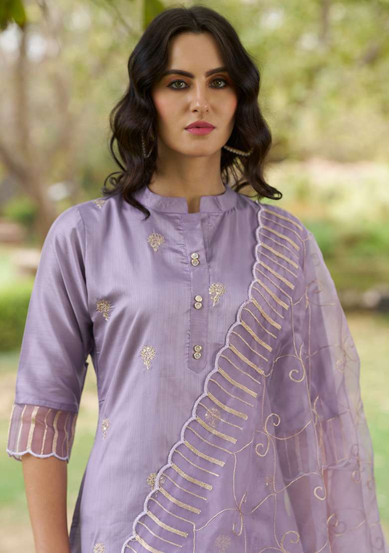 Lavender Embroidered Silk Blend Straight Kurta Set - Indya