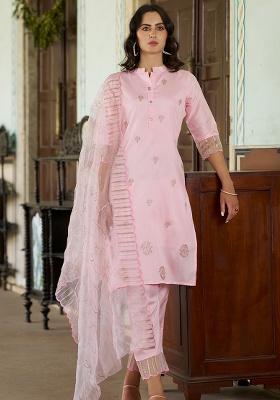 Light Pink Embroidered Silk Blend Straight Kurta Set