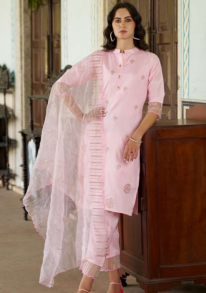 Light Pink Embroidered Silk Blend Straight Kurta Set - Indya