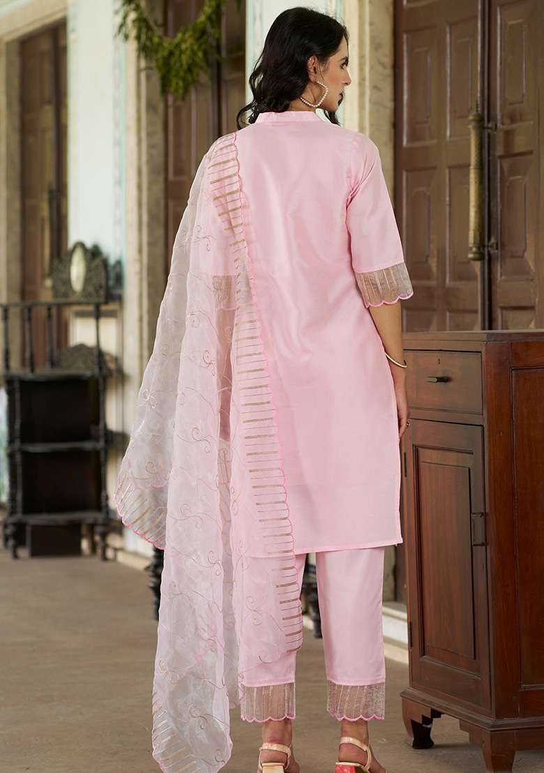 Light Pink Embroidered Silk Blend Straight Kurta Set - Indya