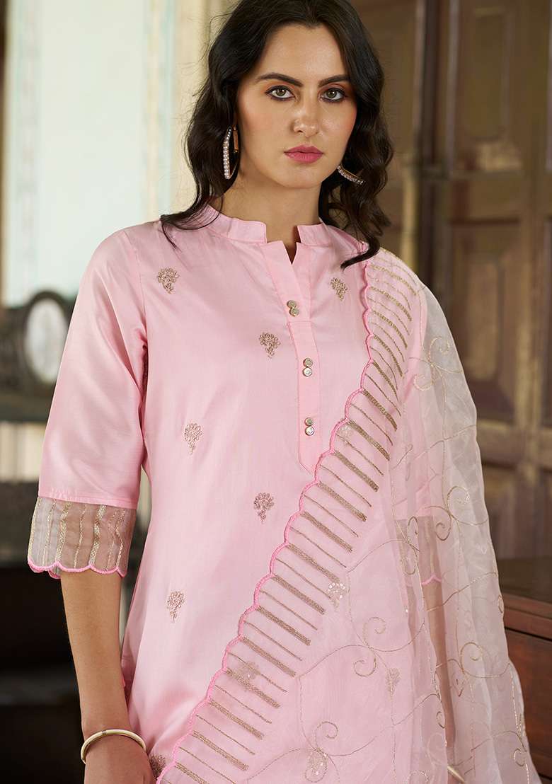 Light Pink Embroidered Silk Blend Straight Kurta Set - Indya