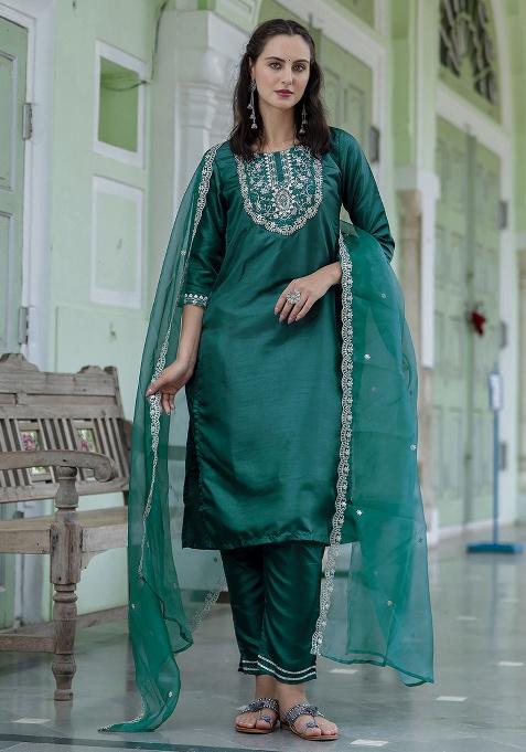 Green Motif Silk Kurta Set