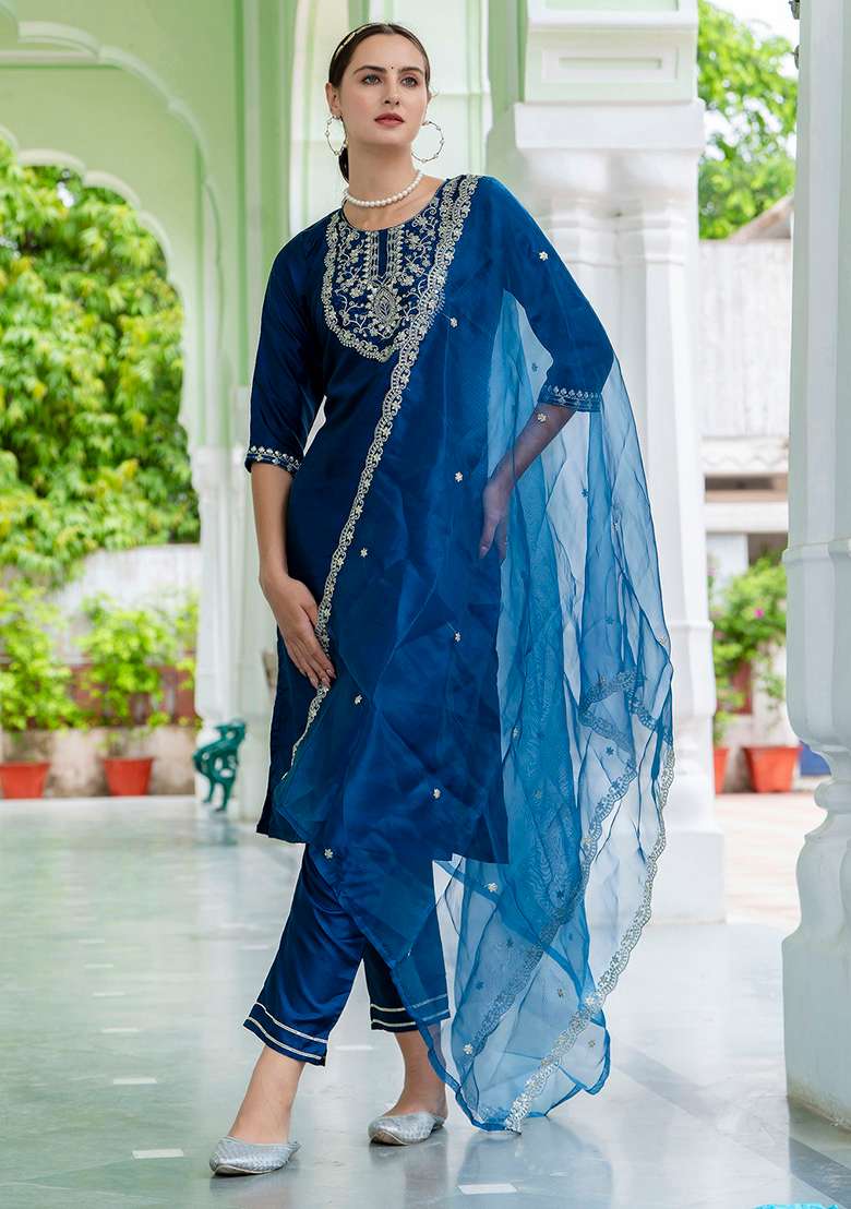 Teal Blue Embroidered Silk Blend Straight Kurta Set - Indya