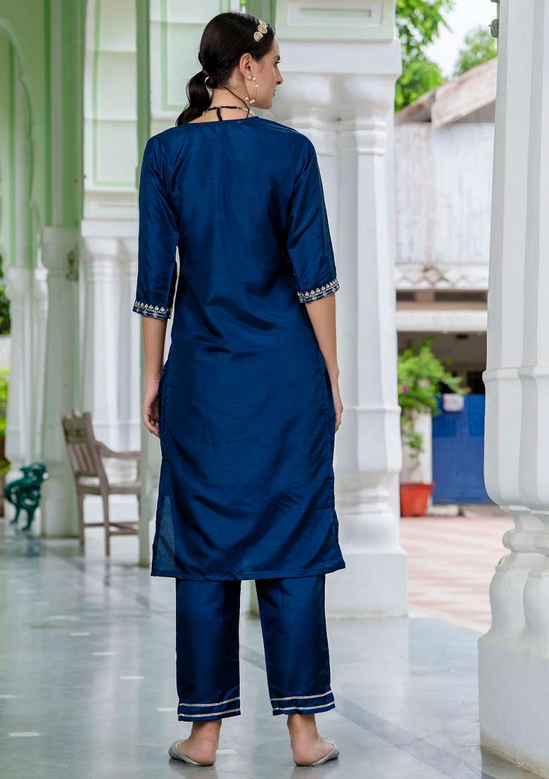 Teal Blue Embroidered Silk Blend Straight Kurta Set - Indya