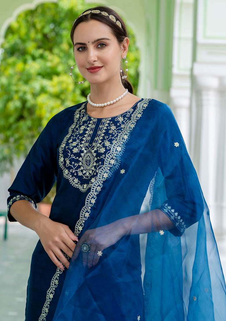 Teal Blue Embroidered Silk Blend Straight Kurta Set - Indya
