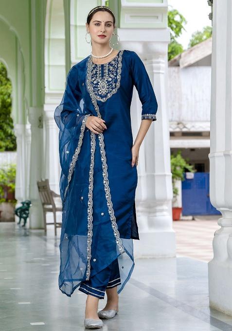 Teal Blue Motif Silk Kurta Set