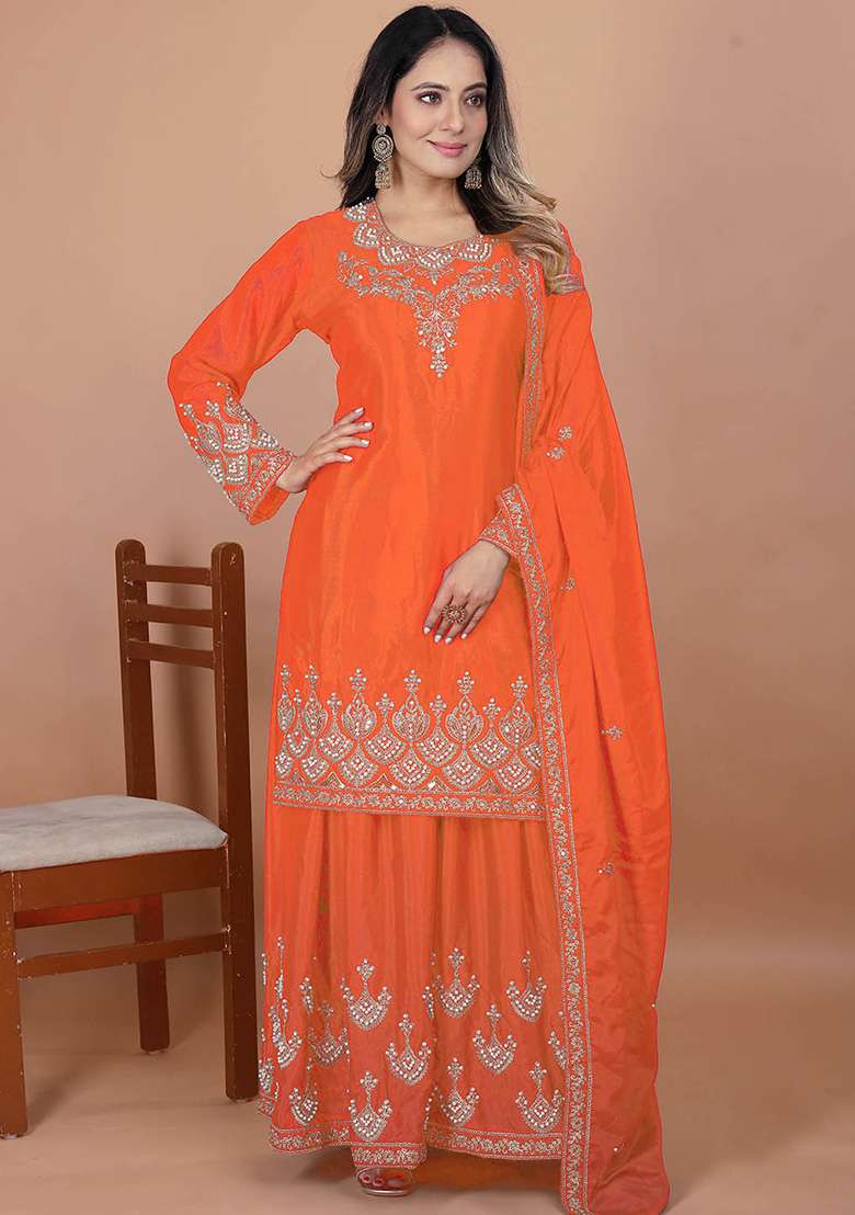 Orange Embroidered Chinon Sharara Set - Indya