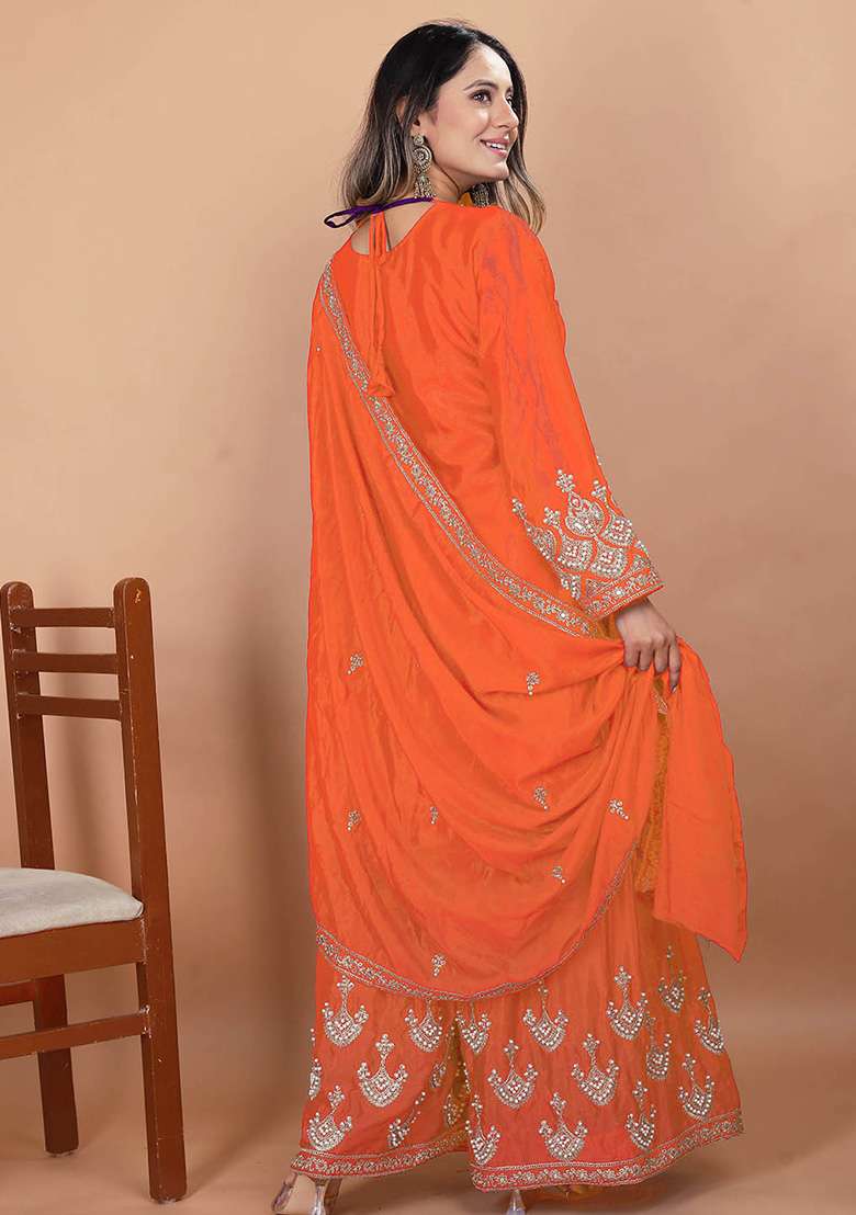 Orange Embroidered Chinon Sharara Set - Indya