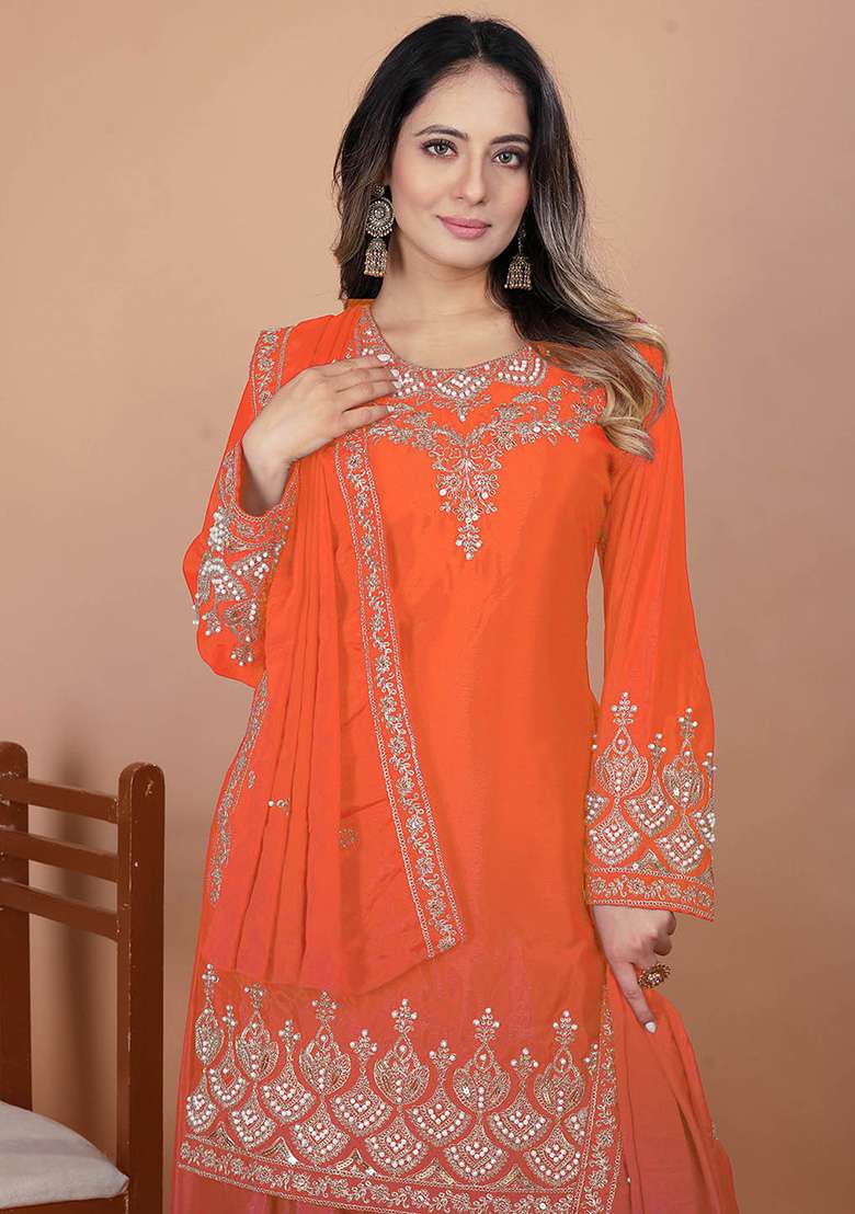 Orange Embroidered Chinon Sharara Set - Indya