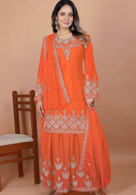 Orange Motif Chinon Kurta Set