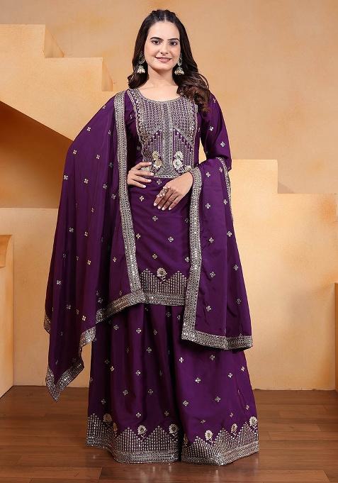 Purple Motif Crepe Kurta Set