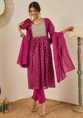 Purple Embroidered Chanderi A Line Kurta Set