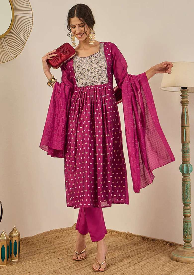 Purple Embroidered Chanderi A Line Kurta Set - Indya