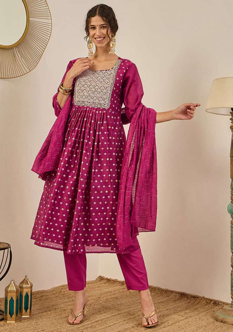 Purple Embroidered Chanderi A Line Kurta Set - Indya