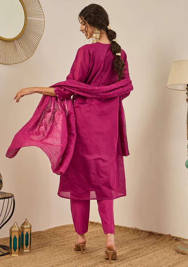 Purple Embroidered Chanderi A Line Kurta Set - Indya