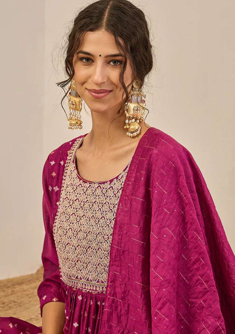 Purple Embroidered Chanderi A Line Kurta Set - Indya