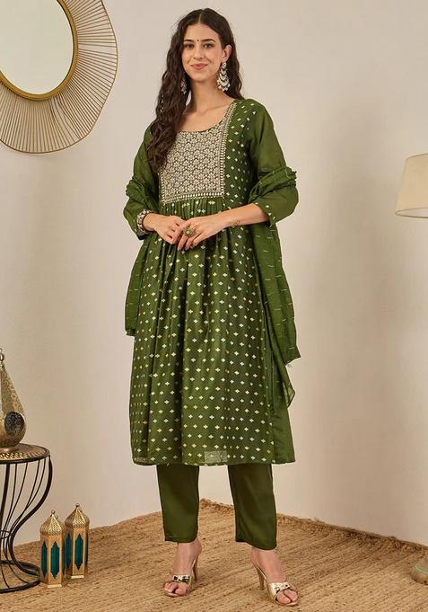 Mehendi Printed Chanderi Anarkali Set