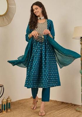 Teal Embroidered Chanderi Anarkali Set
