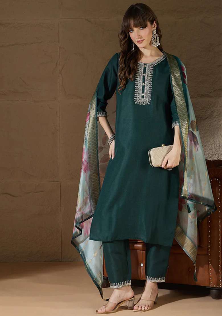 Multicolour Embroidered Cotton Straight Kurta Set - Indya