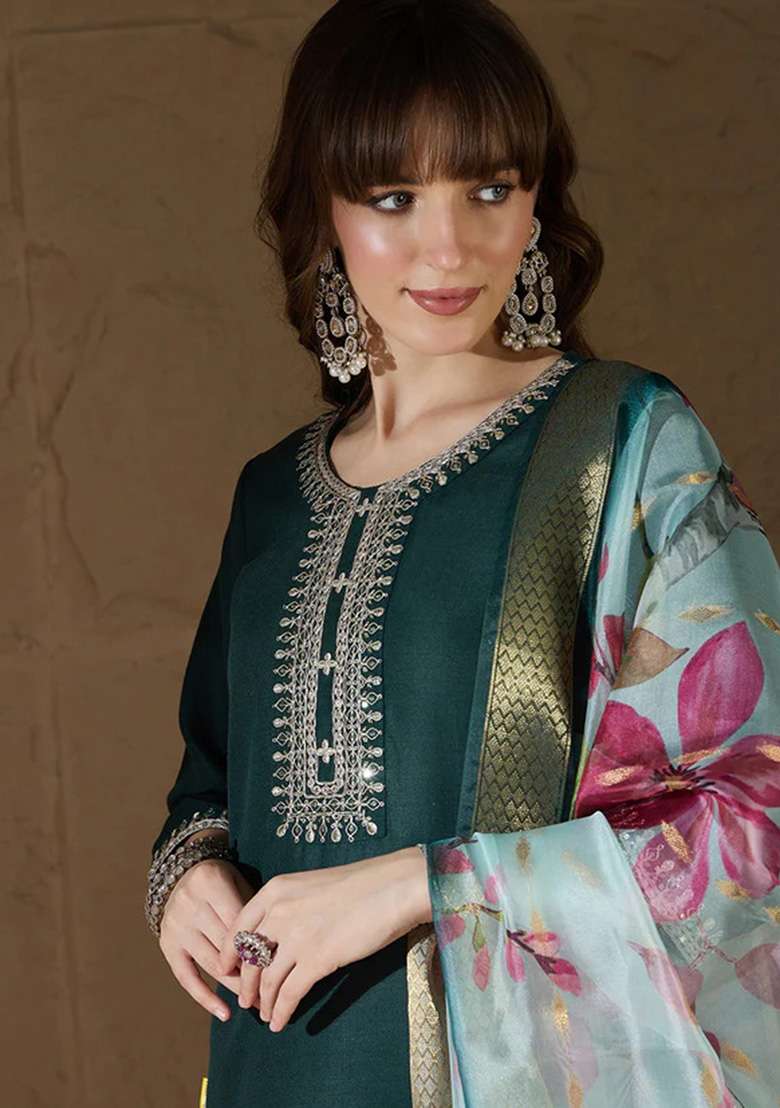 Multicolour Embroidered Cotton Straight Kurta Set - Indya