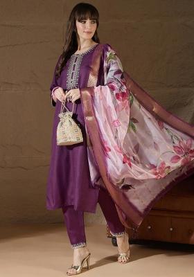 Purple Embroidered Cotton Straight Kurta Set