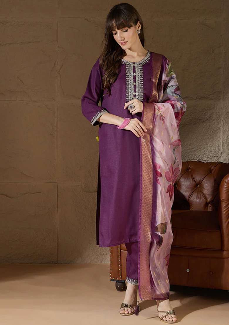 Purple Embroidered Cotton Straight Kurta Set - Indya