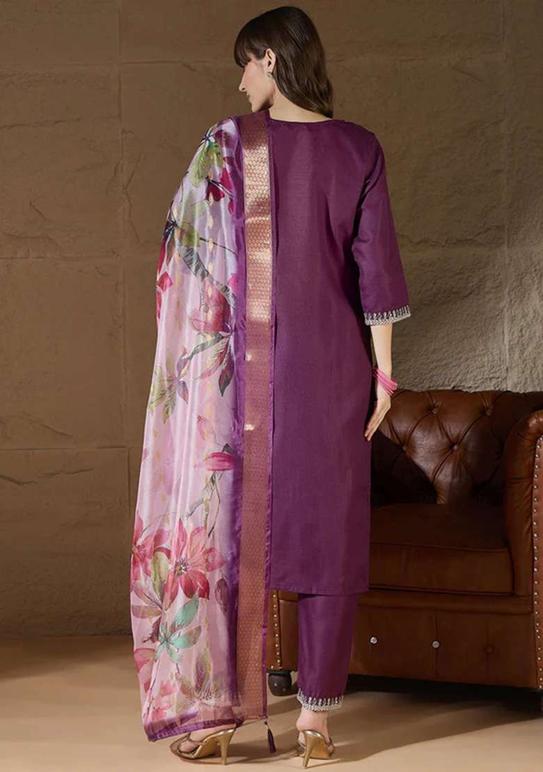 Purple Embroidered Cotton Straight Kurta Set - Indya