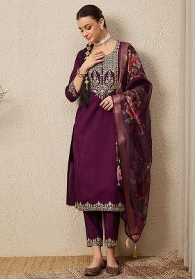 Purple Embroidered Silk Straight Kurta Set