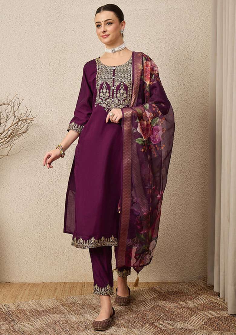 Purple Embroidered Silk Blend Straight Kurta Set - Indya