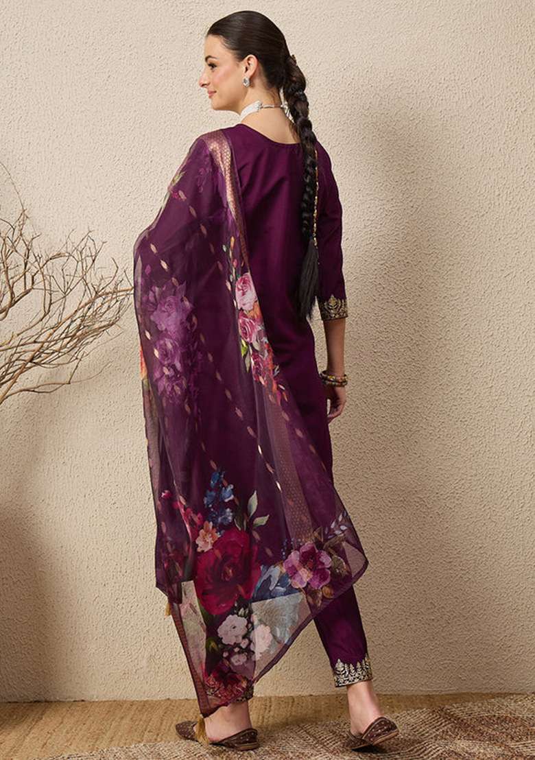 Purple Embroidered Silk Blend Straight Kurta Set - Indya