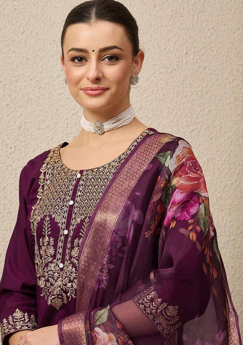 Purple Embroidered Silk Blend Straight Kurta Set - Indya