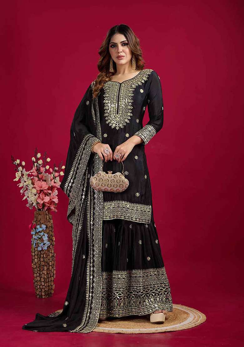 Black Motif Silk Blend Kurta Set - Indya