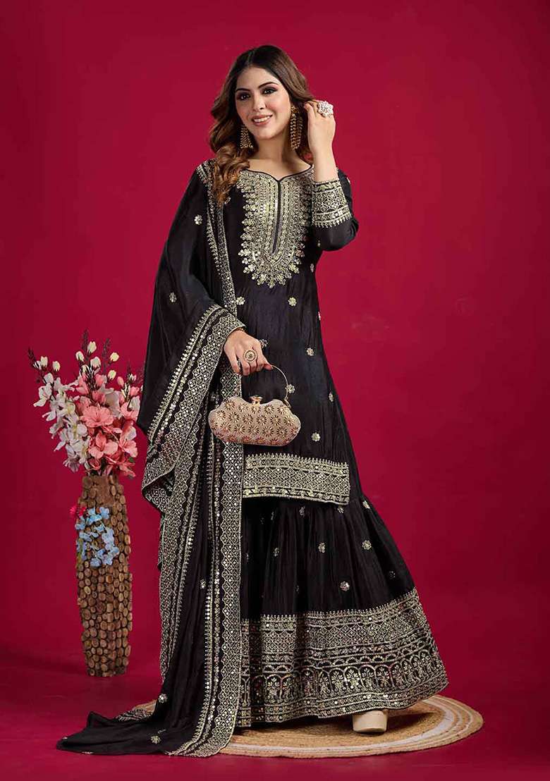 Black Motif Silk Blend Kurta Set - Indya