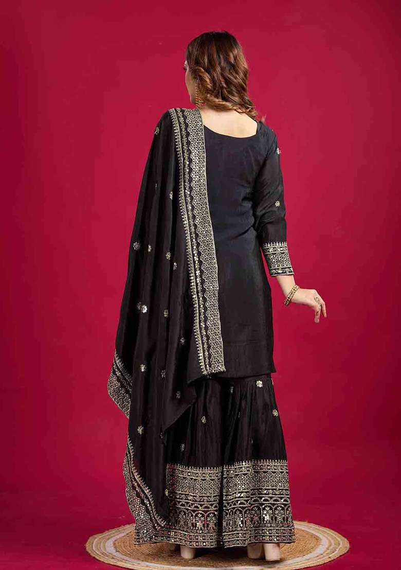 Black Motif Silk Blend Kurta Set - Indya