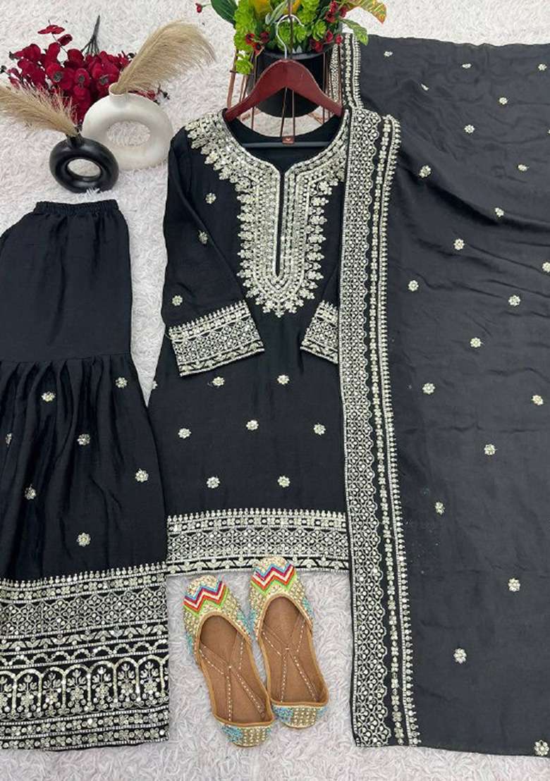 Black Motif Silk Blend Kurta Set - Indya