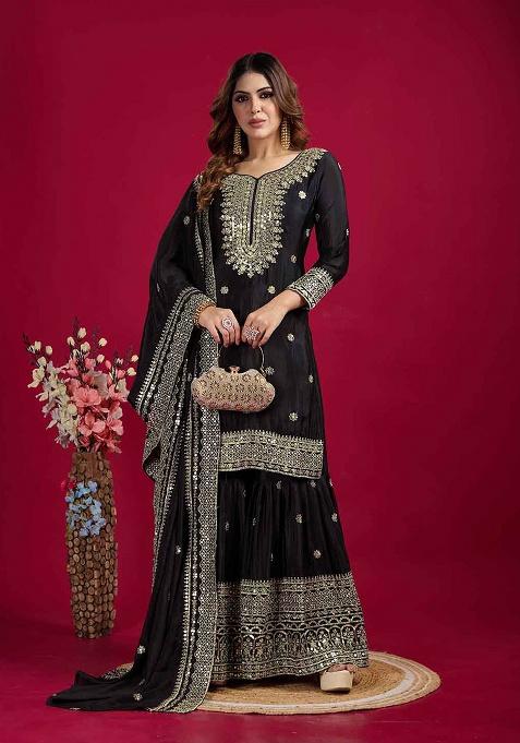 Black Motif Silk Kurta Set