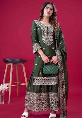 Green Motif Silk Kurta Set