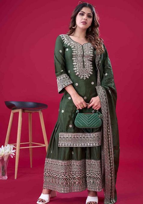 Green Motif Silk Kurta Set