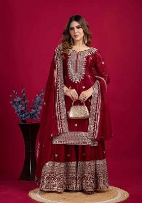 Maroon Motif Silk Kurta Set