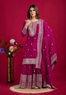 Pink Motif Silk Kurta Set