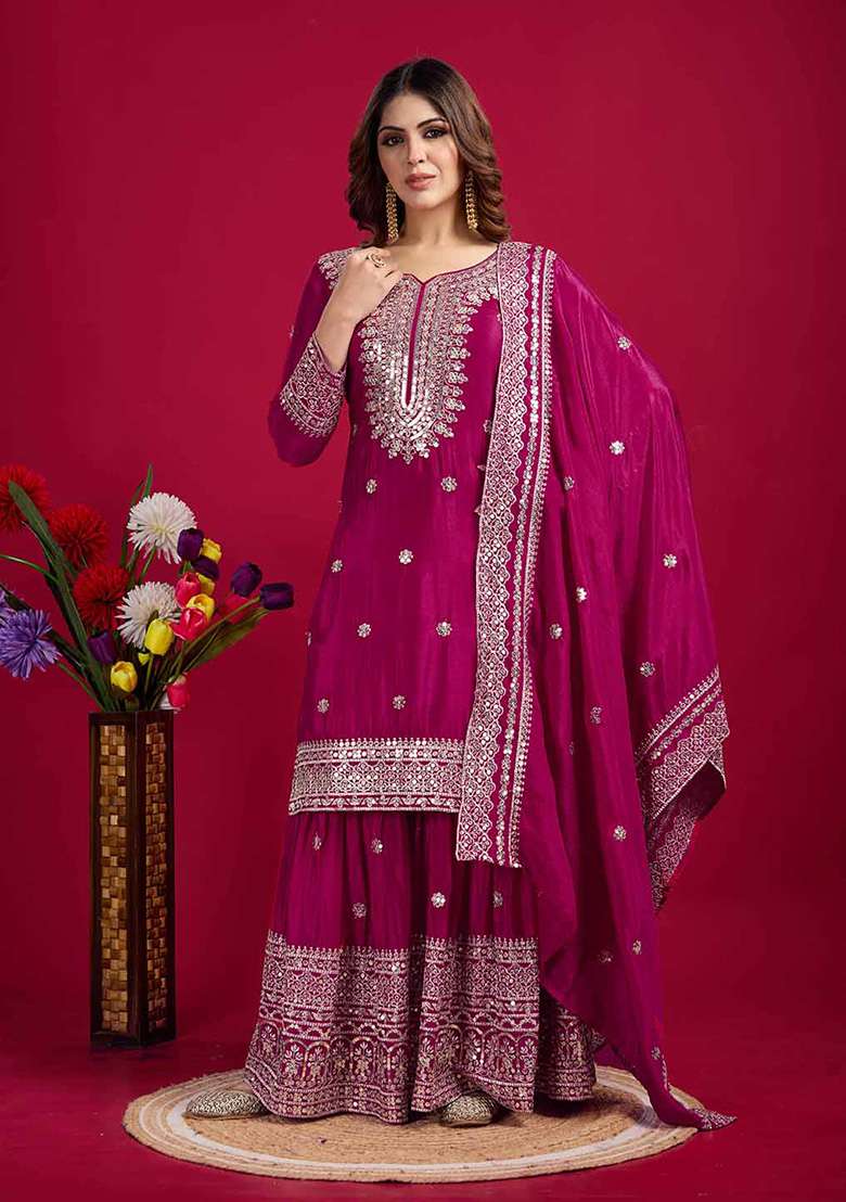 Pink Motif Silk Kurta Set - Indya