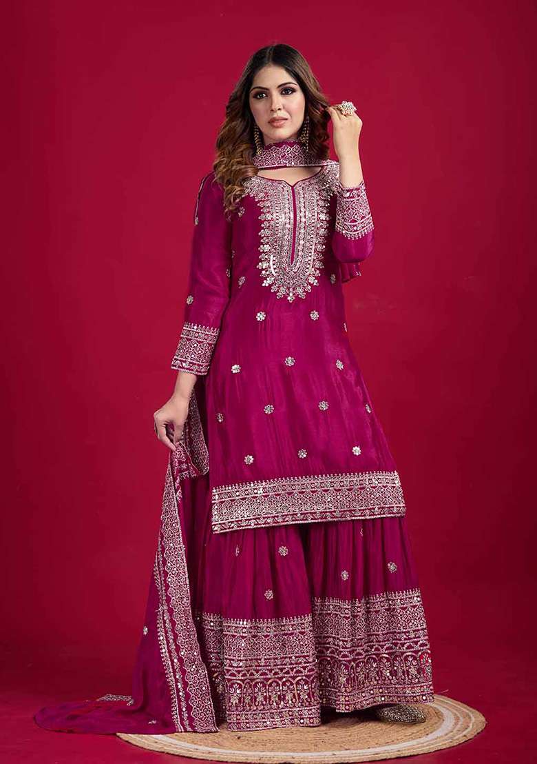 Pink Motif Silk Kurta Set - Indya