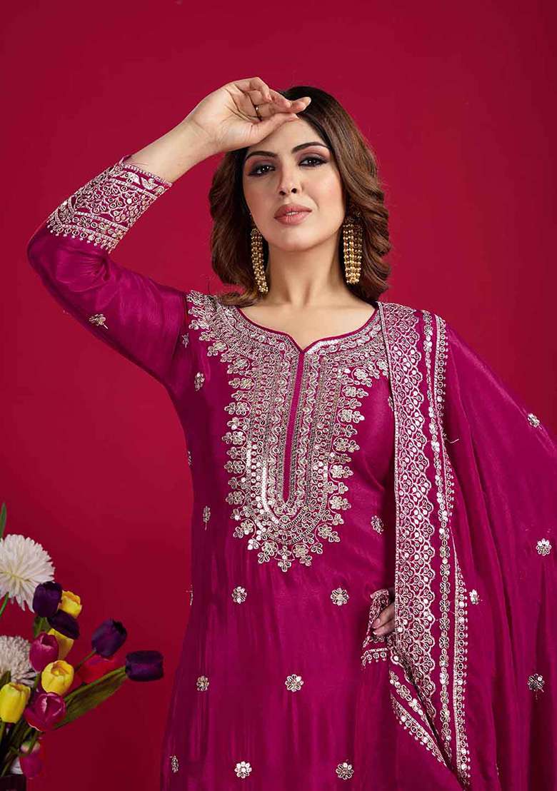 Pink Motif Silk Kurta Set - Indya