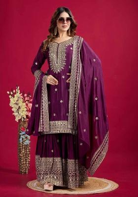 Purple Motif Silk Kurta Set