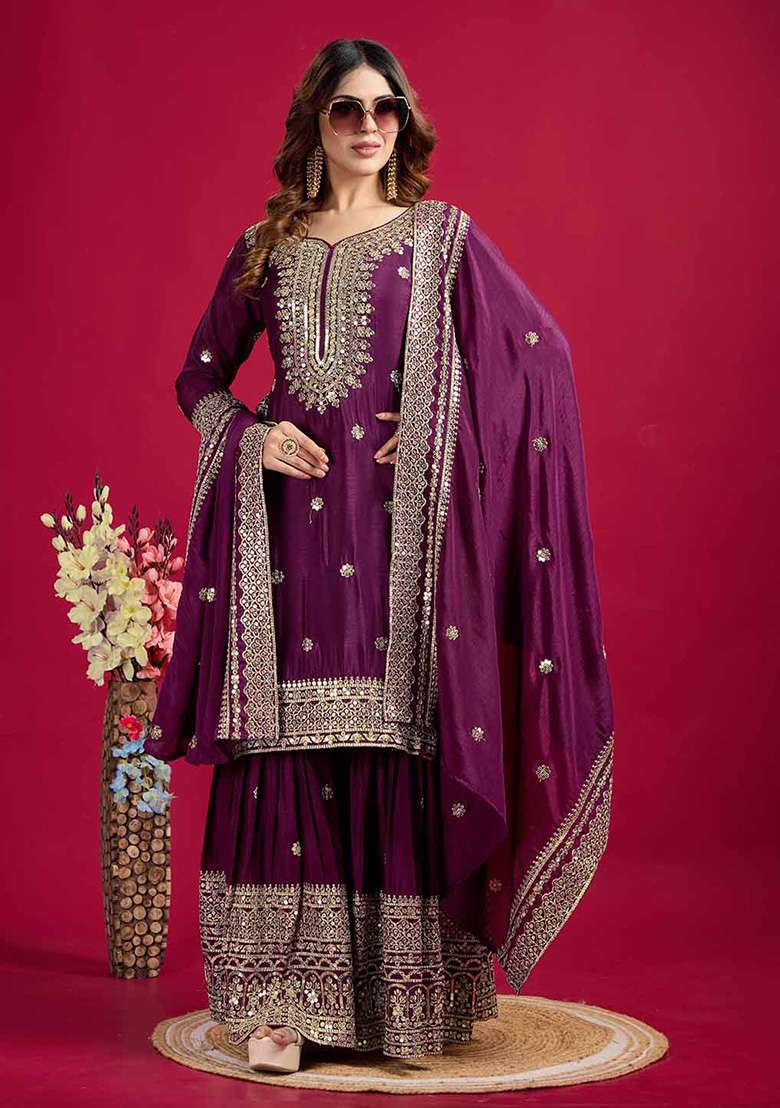 Purple Motif Silk Blend Kurta Set - Indya