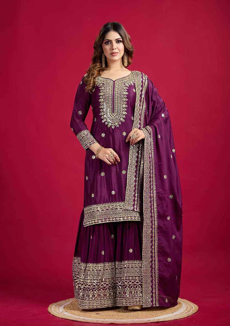 Purple Motif Silk Blend Kurta Set - Indya