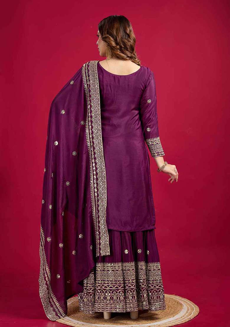 Purple Motif Silk Blend Kurta Set - Indya